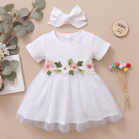 Lolliposh Boutique Other - 🔥NWT Sweet Girls Applique White Ribbed Tulle Dress